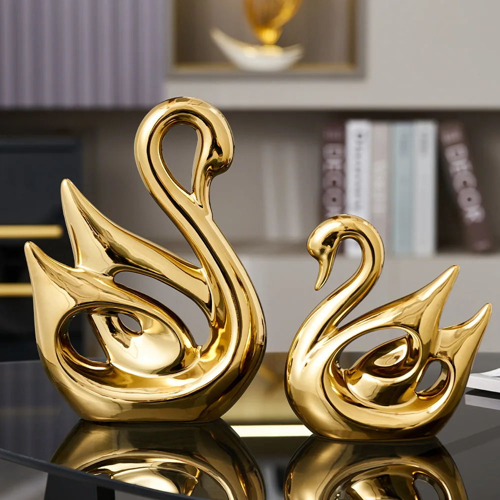 Decoration Crafts 2PCS Ceramic Swan Statues Home Decor Modern Style Interior Room Bookcase Ornaments Office Desktop Figurines