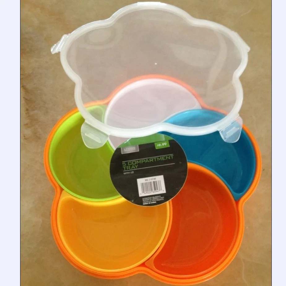 5 compartment tray divided subdivision plastic snack storage box food container and tray for picnic or candy or fruit storage