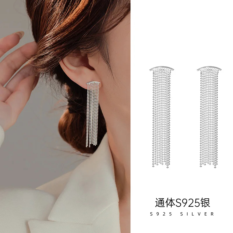 S925 Sterling Silver Jewelry White Gold Plated Zircon Dangling Long Tassel Stud Earrings For Women