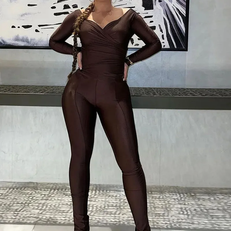 Elegant Women Tracksuit 2 Piece Set Skinny Cross Slash Neck Crop Tops+Leggings Stretch Matching Streetwear Outfits