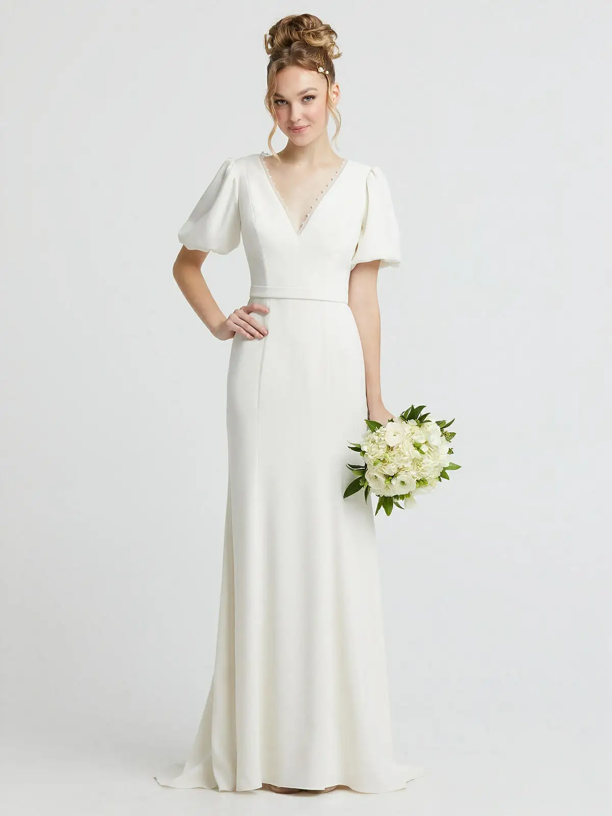 Pearl Trimmed V-Neck Mermaid Silk Wedding Dress with Bell Sleeves