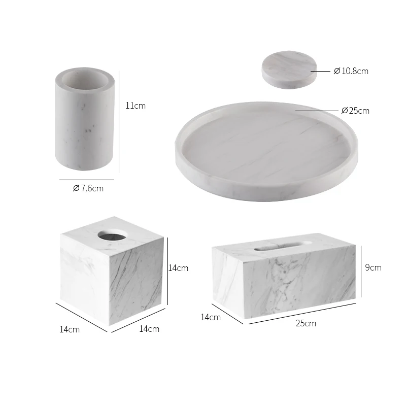 Wholesale 6 pcs white Marble stone with silver metal Bathroom accessory round set