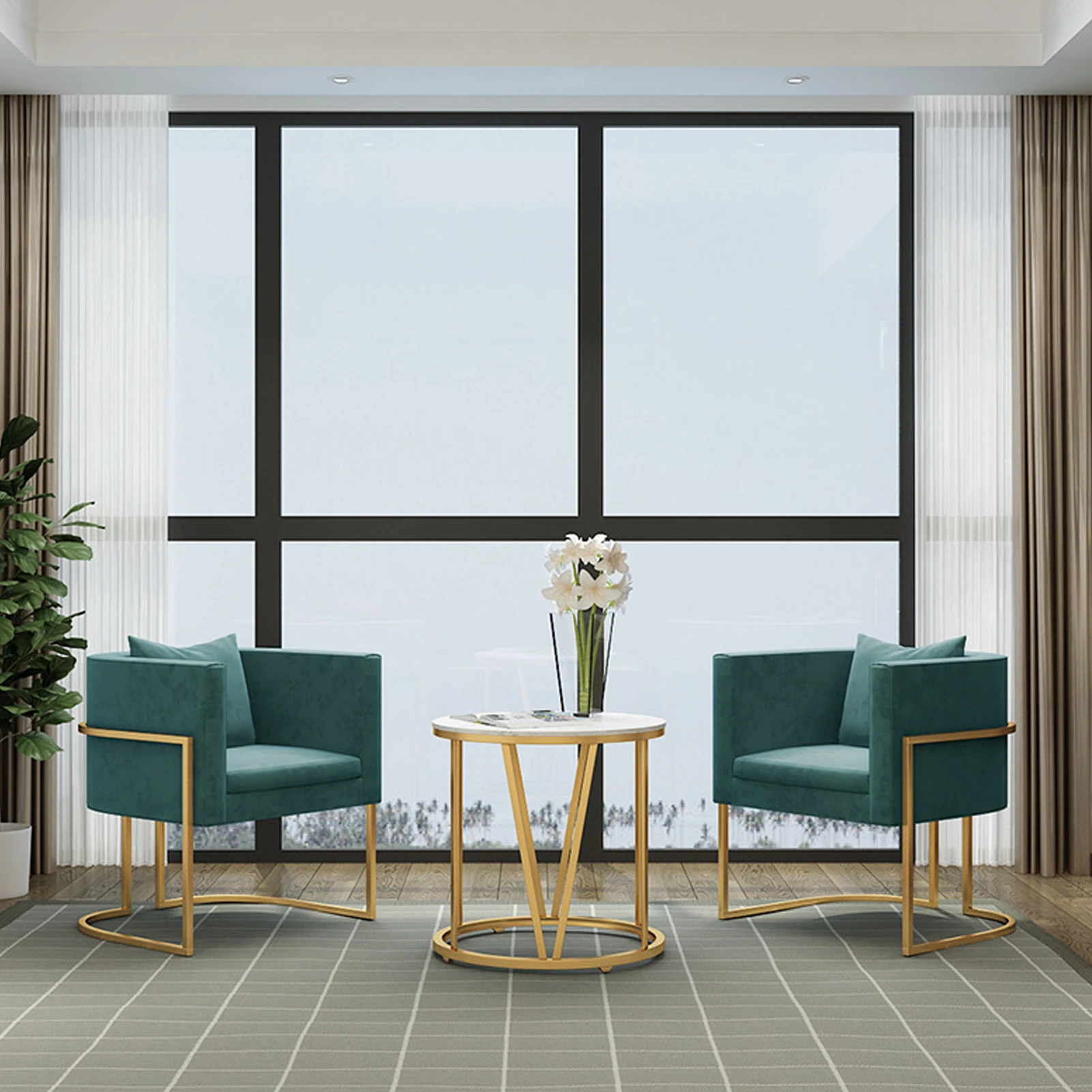 Round Modern White Top Metal Steel Marble Side Table with Golden Base