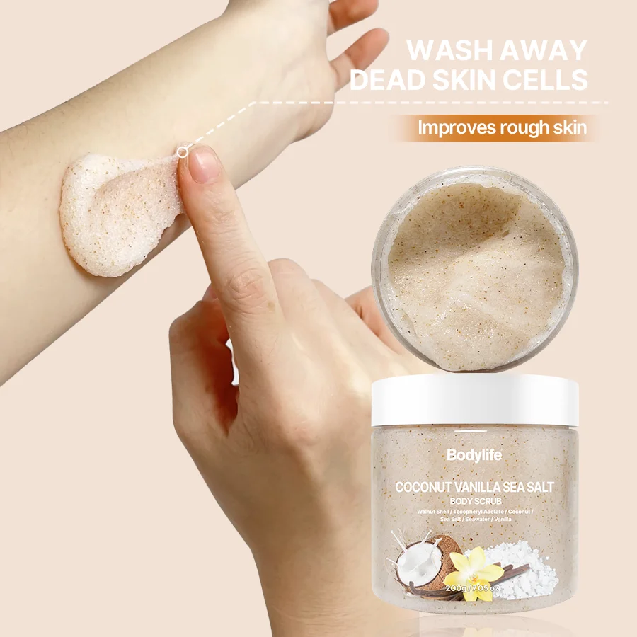200g Organic Coconut Vanilla Exfoliating Whitening Gommages Corporels Sea Salt Face Body Scrub With Shea Butter Ingredients