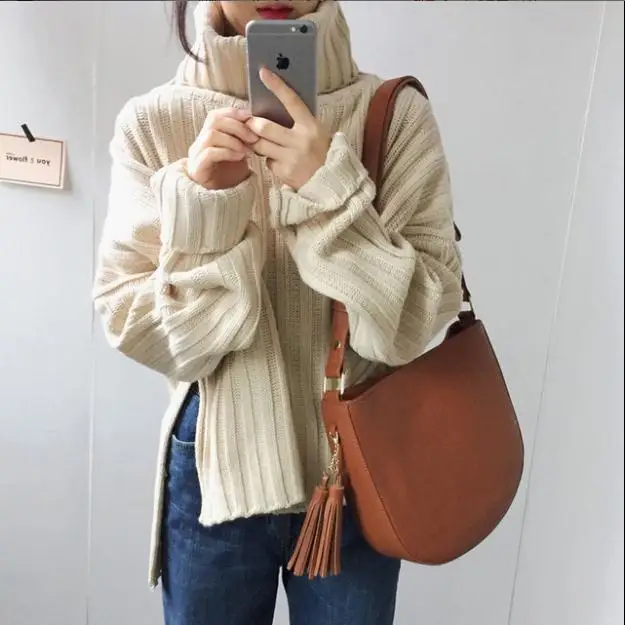 2021 autumn and winter new Korean wild loose pit stripe large split fork turtleneck sweater coat sweater