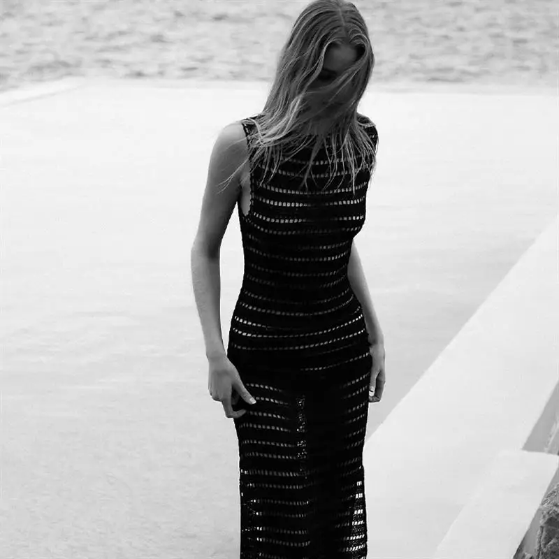 Famaker Knit Hollow Out Sexy Backless Beach Maxi Dress Women Summer Holiday Sleeveless Elegant Long Dresses