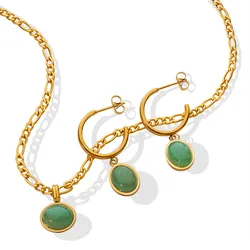 Custom Wholesale Waterproof Women 18K Gold Plated Stainless Steel Luxury Jade Jewelry Set Link Chain Necklace Cuff Earrings