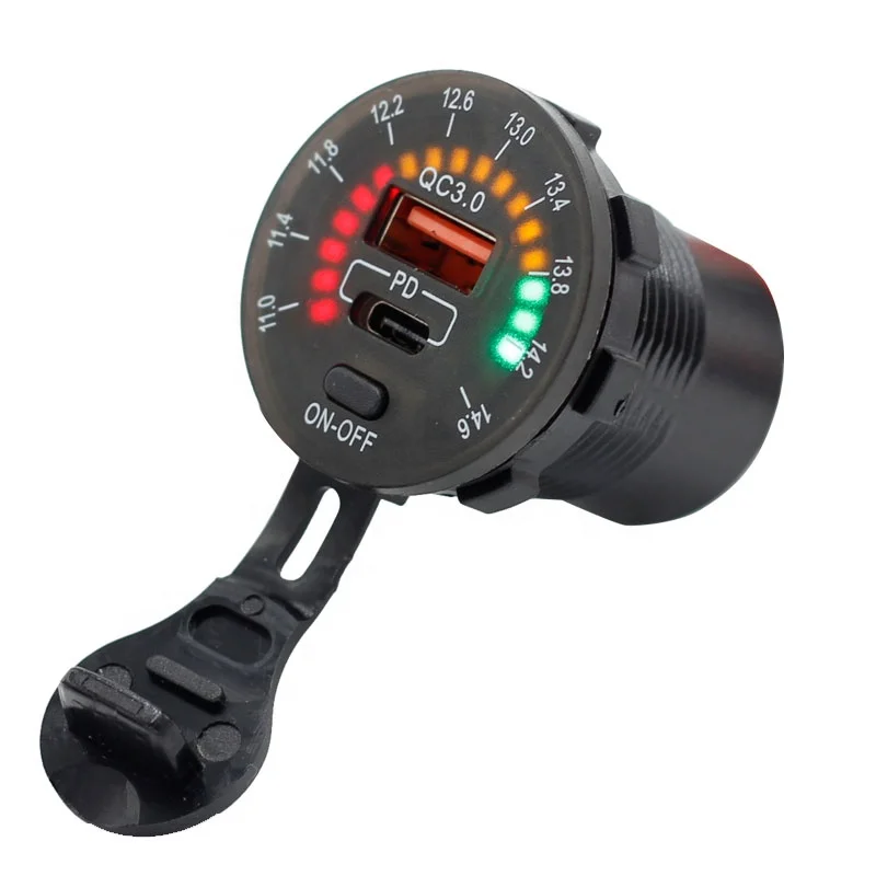 12V-24V Car Charger Type-C QC3.0 Dual USB Socket with ON/OFF Switch Control and Ring LED Voltmeter Cable for Motorcycle Marine