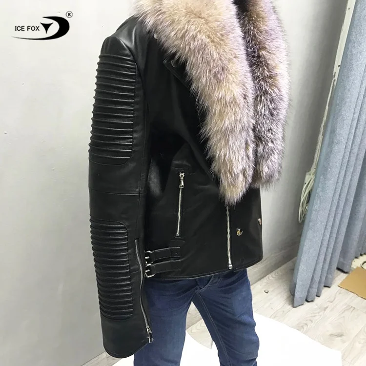Wholesale Outer Pockets Real Soft Sheepskin Leather Zipper Black Men Motorcycle Leather Jacket