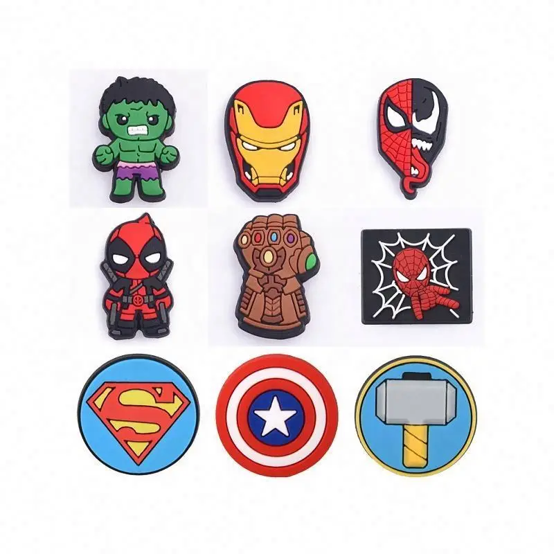 2025 Cartoon charms for clog shoes decoration deadpool clog charms with cheap price super hero shoe charm for kids clog shoes