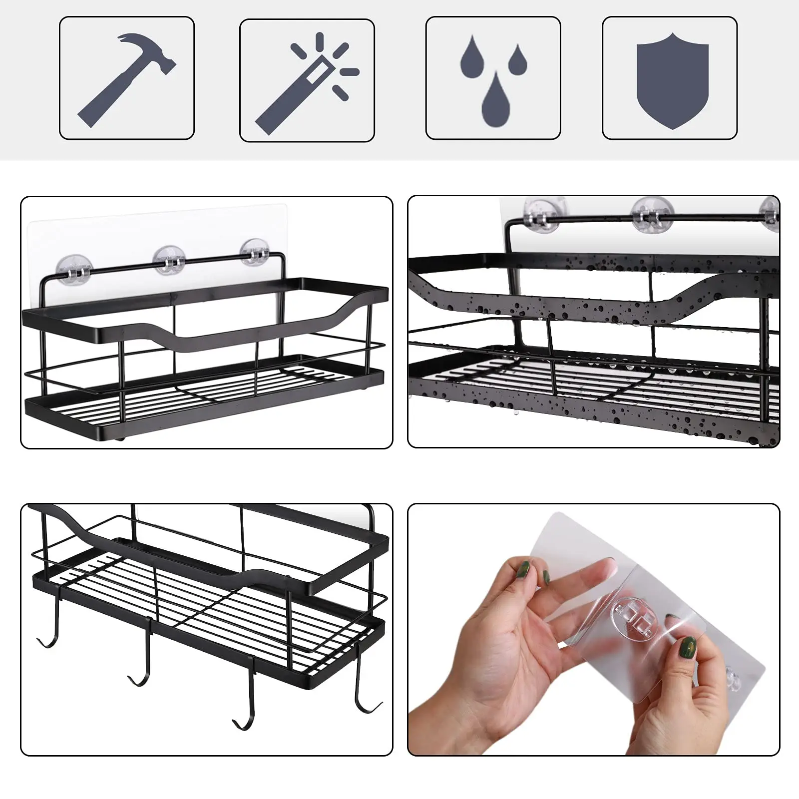 Metal No Drilling Wall Mounted Storage Bathroom Towel Organizer Adhesive Shower Caddy Soap Rack Shelf with Hook