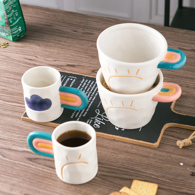 Creative Corporate Gift customized logo Ins Coffee mugs With Handle Breakfast Ceramic mugs cup Rainbow Handle