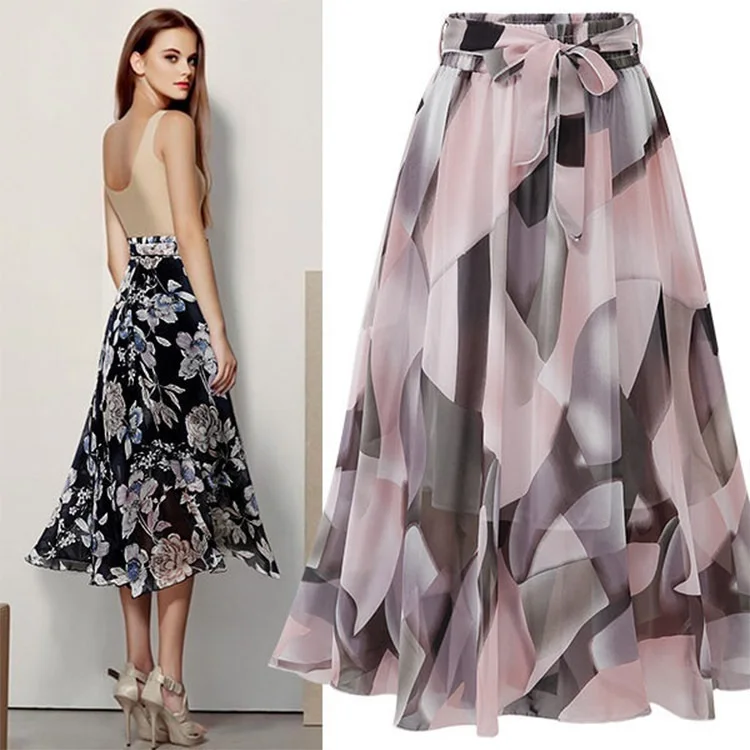 Custom Women Clothing Pleated Skirt Casual Bohemian Mid-length Print mini skirt Summer Vintage Floral Chiffon Skirt For Women