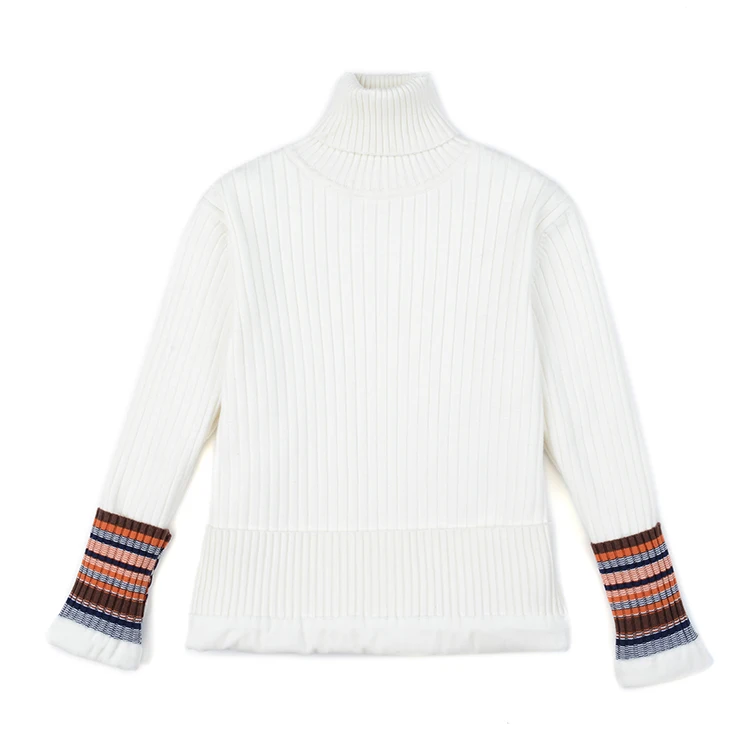 Womens Velvet Lining Colorblock Sweater Turtle Neck Casual Long Sleeve Loose Striped Knitted  Pullover Tops