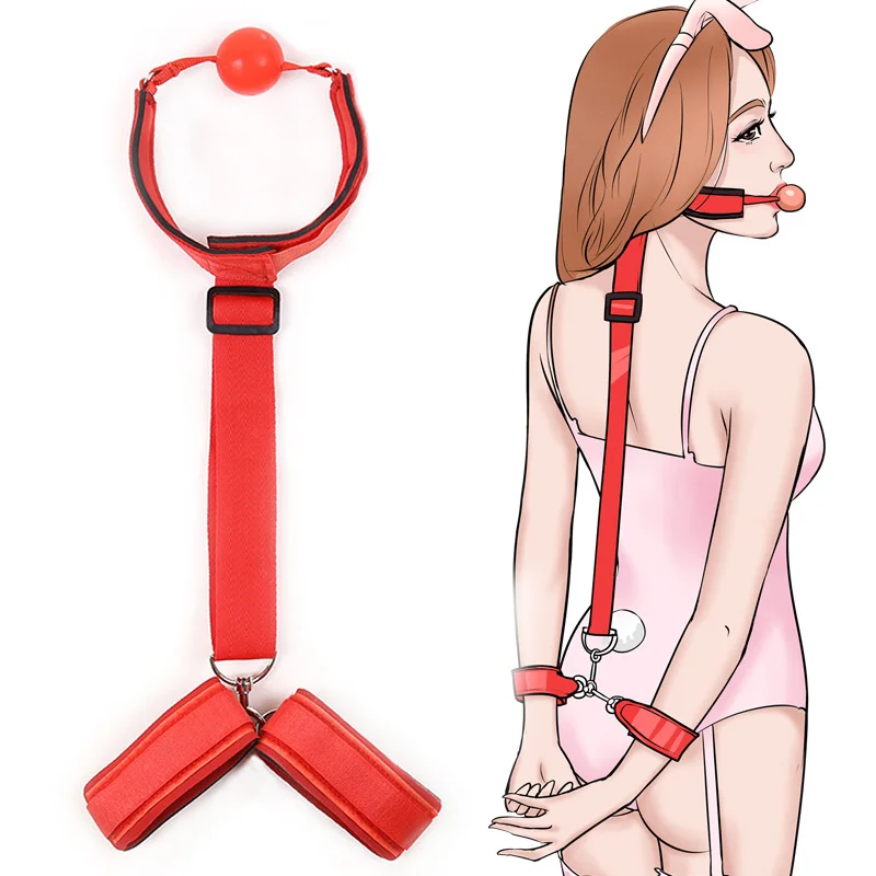 SM Fetish Slave bondage Back Cross Collar Strap Handcuffs Mouth Ball Gag Handcuffs For Couples Sexy Toys