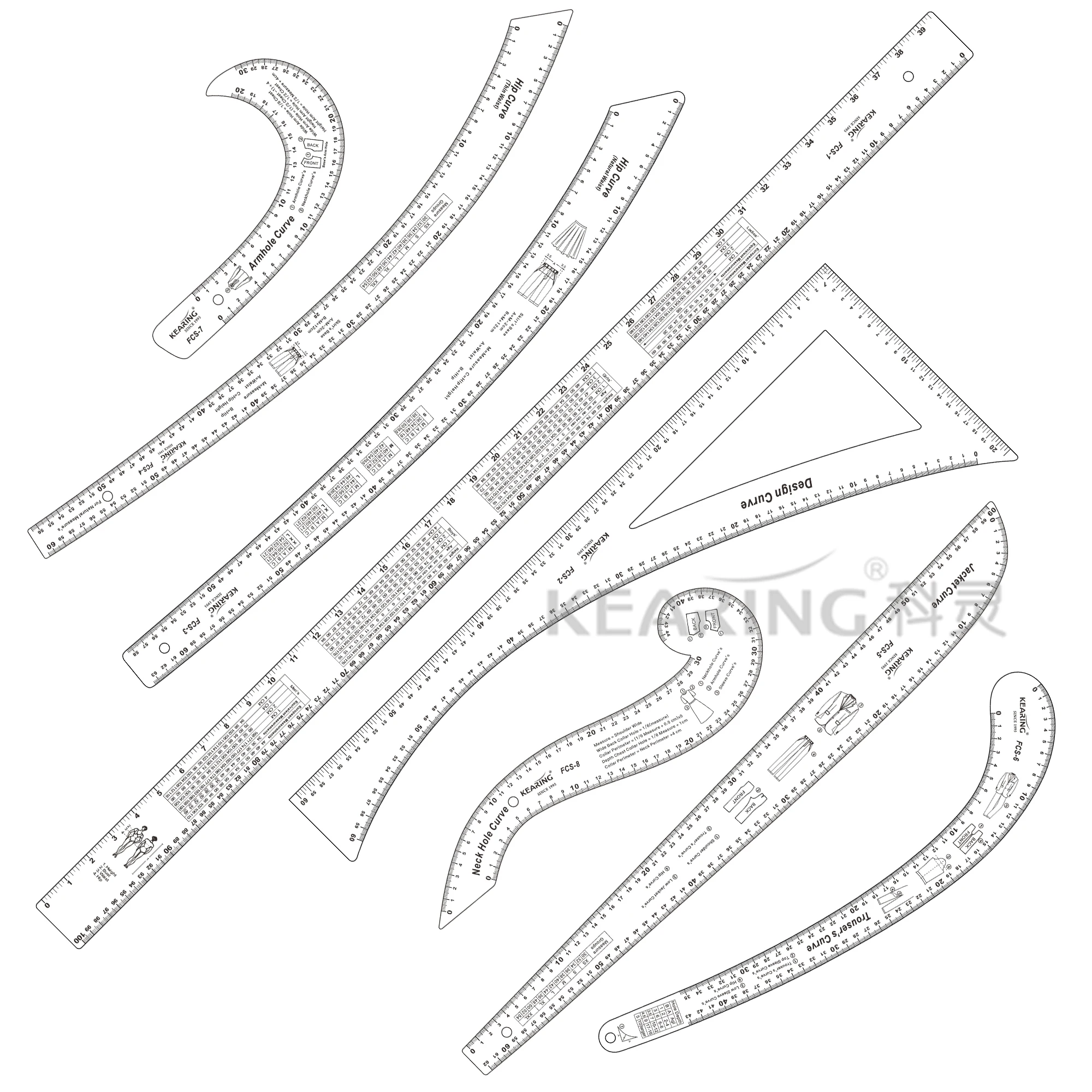 Kearing Kearing Manufacturer New Tailoring Template Curves Ruler Set for Fashion Design    # FCS-KIT
