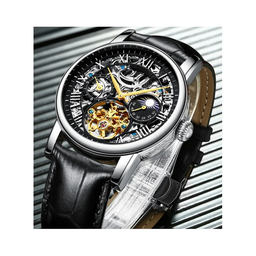 Пользовательские корпус из нержавеющей стали Скелет маховик солнце-фаза Луны Мужские Водонепроницаемые кварцевые часы