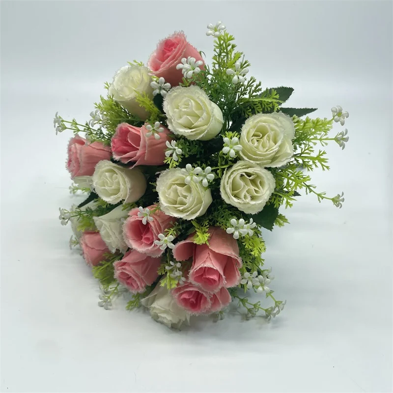 BS0124 French Romantic Style 18 Head Pink White Home Table Wedding Decoration Silk Rose Flower Bunch Artificial Flowers Bouquet