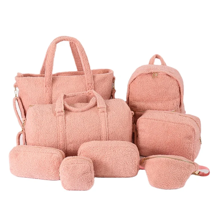Custom Logo Sherpa Teddy Fleece Female Women Tote Backpack Cosmetic Bumbag Waist Ladies Travel Luggage Bags Sets