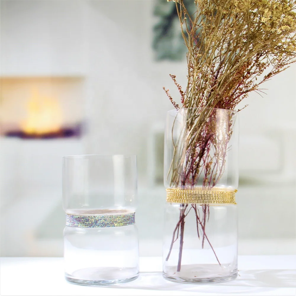 Wholesale transparent tall cylinder flower glass crystal vase with gold or silver diamond belt in the middle