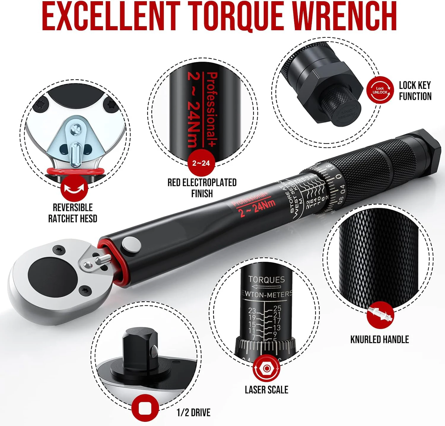 45T CRV 23pcs 1/4' 20-200lb.ft Gold Torque Wrench Set Multi-functional Maintenance Tool Kit Birthday Holiday Gift