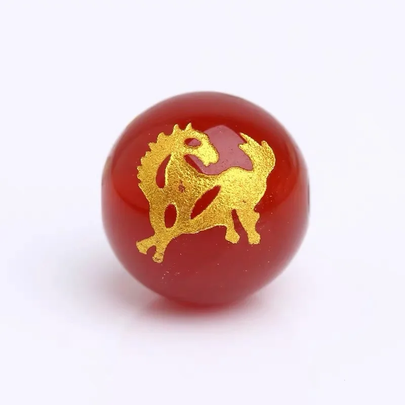 Golden Chinese Zodiac Mascot Red Agate Round Bead Zodiac Carnelian Bead DIY Charm Smooth Bead Jewelry Making Accessories