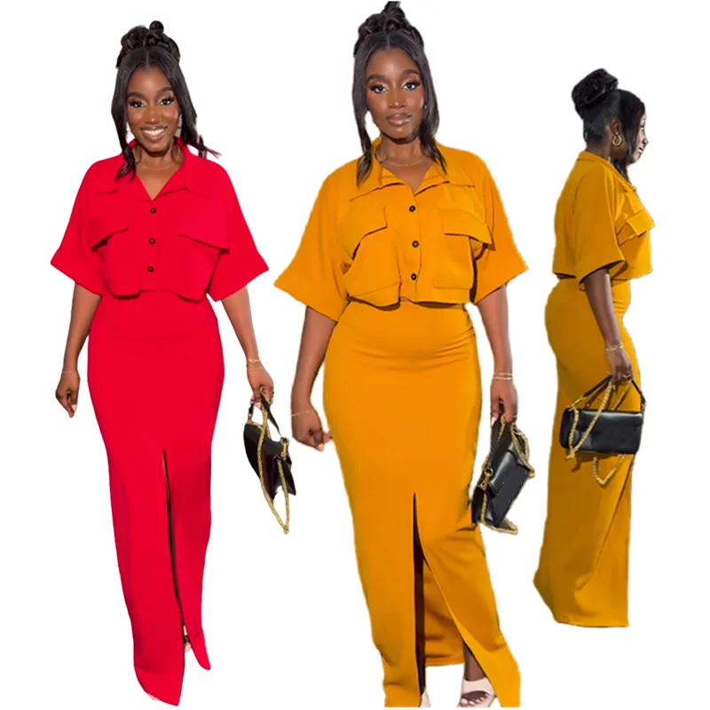 HK7538 Latest Design Skirt Set Polo Collar Short Shirt Top And Split Hip Wrap Skirt Set Two Piece Summer Outfits For Women