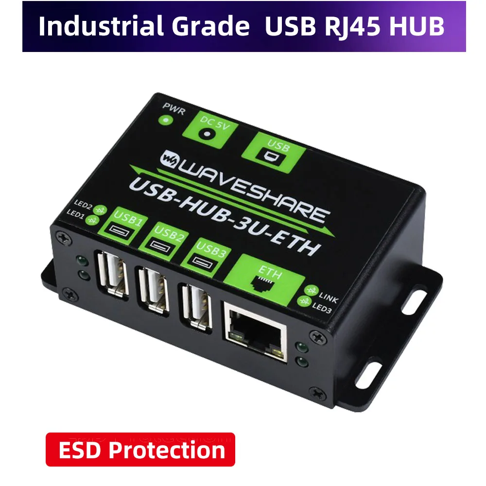 Многофункциональный USB-концентратор промышленного класса расширяющий 3 x USB-порта + 100M Ethernet-порт защищает от электростатического