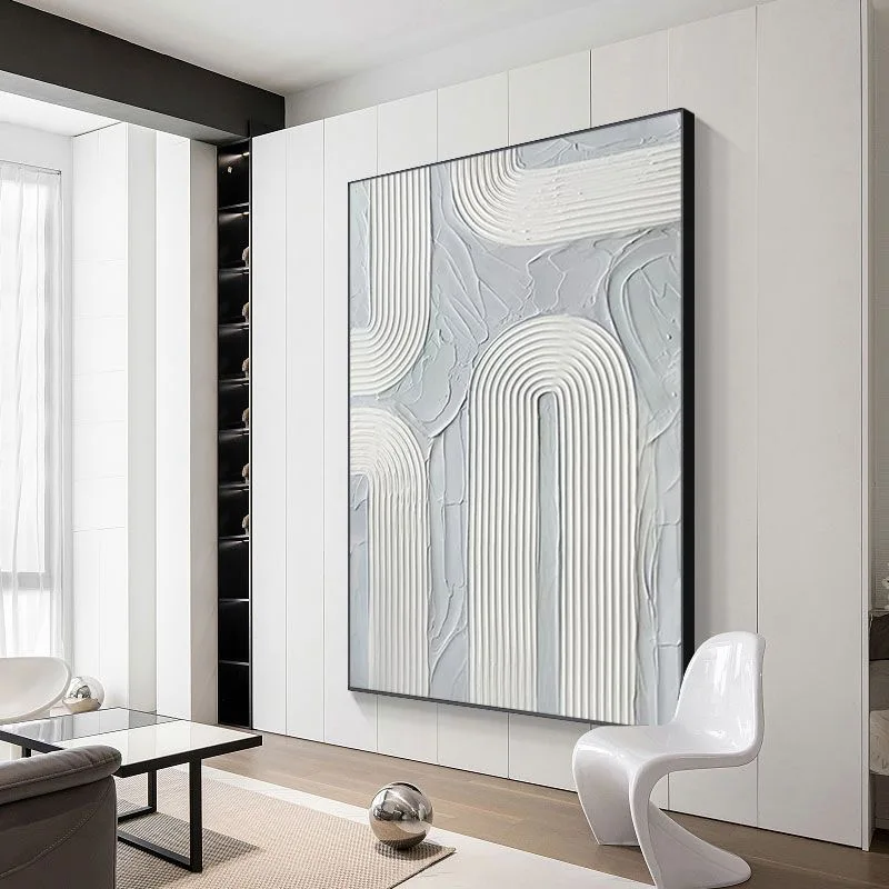 Hand Painted Abstract Artwork White Texture Wall Art decor painting handmade Modern Canvas Painting with frame for home decor