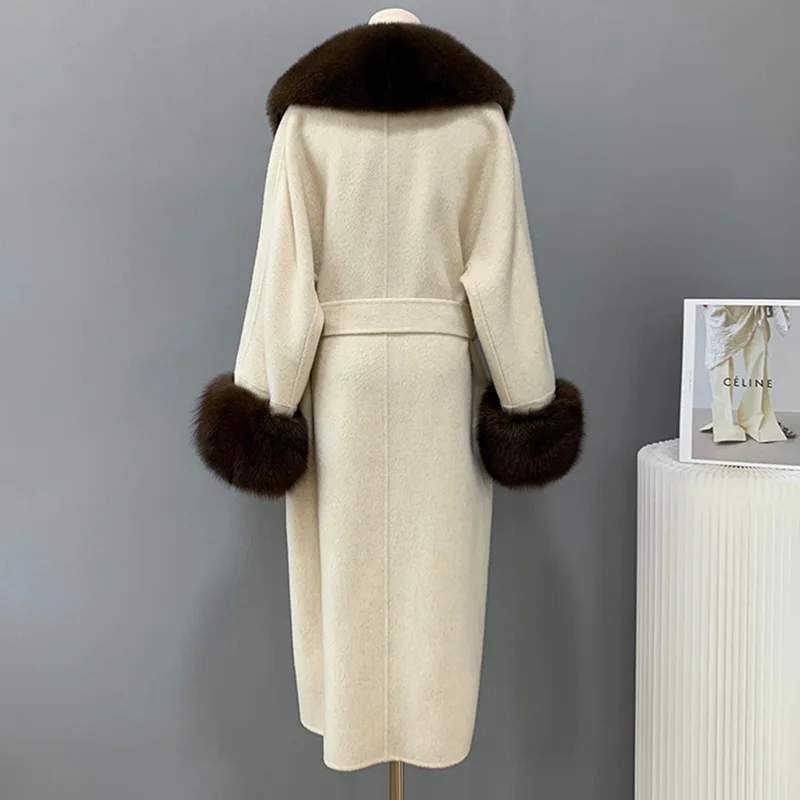 New Design Fox Fur Collar Cuffs Winter Coats Real Alpaca Wool Cashmere Long Coat for Women