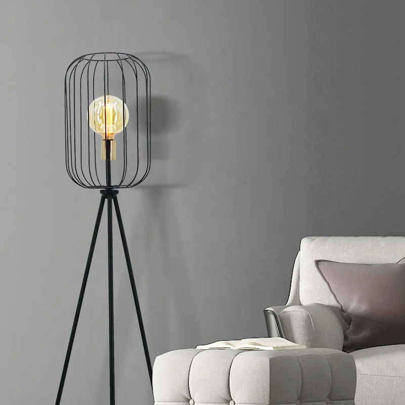Contemporary Silhouette Design Indoor LED Standing Lighting Tall Matte Black Metal Cage Tripod Floor Lamp for Living Rooms