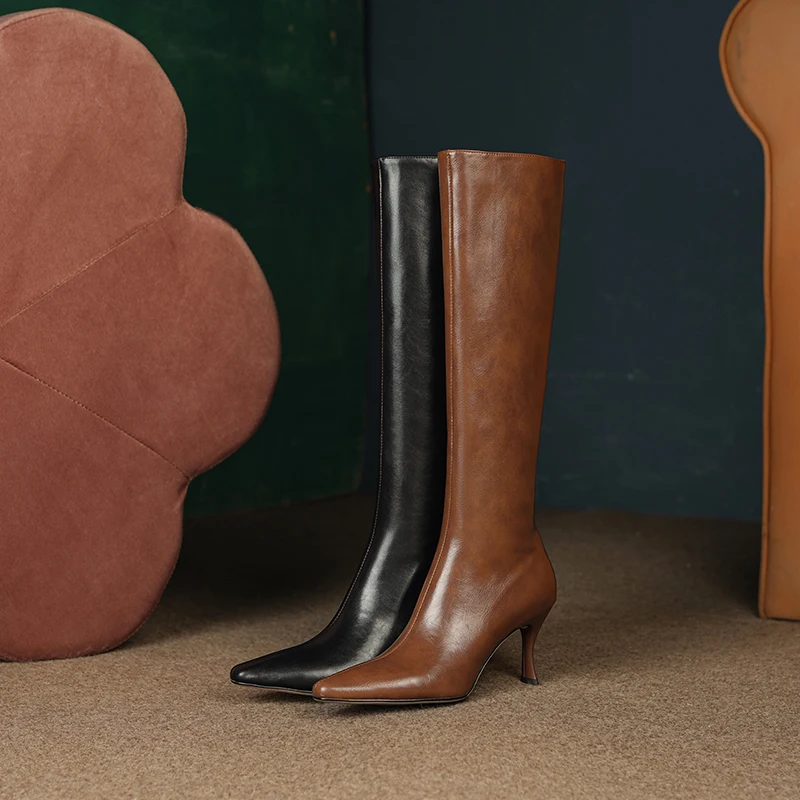 brown Cowhide Korean stiletto genuine leather slimming boots for women, cusp and height slimming not over the knee long boots