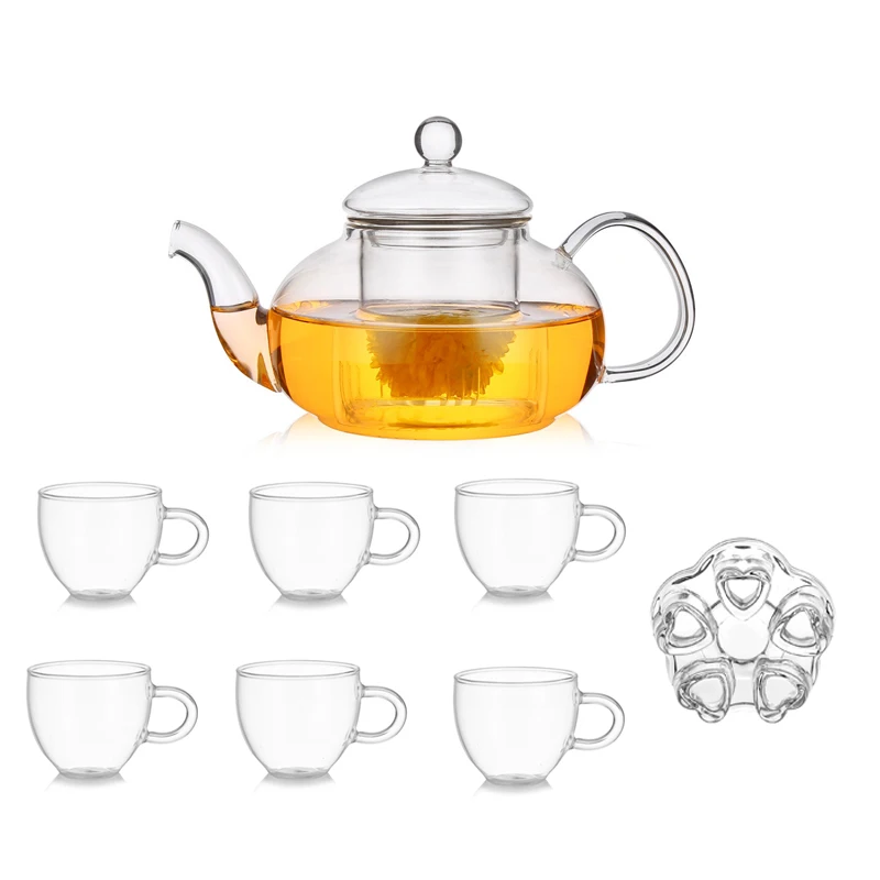 
Borosilicate Gongfu Tea Flowering Glass Teapot Set with 6 cups and pot warmer 