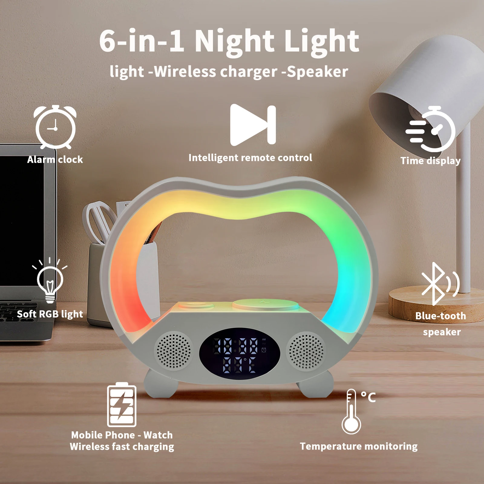 Wireless Multifunction Charger With Atmosphere led RGB Lamp Smart Home Lights Alarm Clock For Tablet Mobile Phone