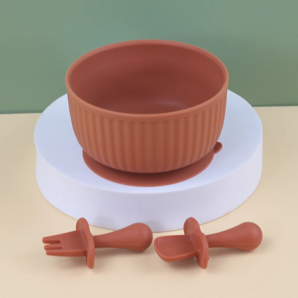 Eco-friendly Non-toxic Silicone Strong Suction Baby Bowl Feeding Silicone Bowl BPA Free Silicone Baby Bowl with Mini Spoon Fork