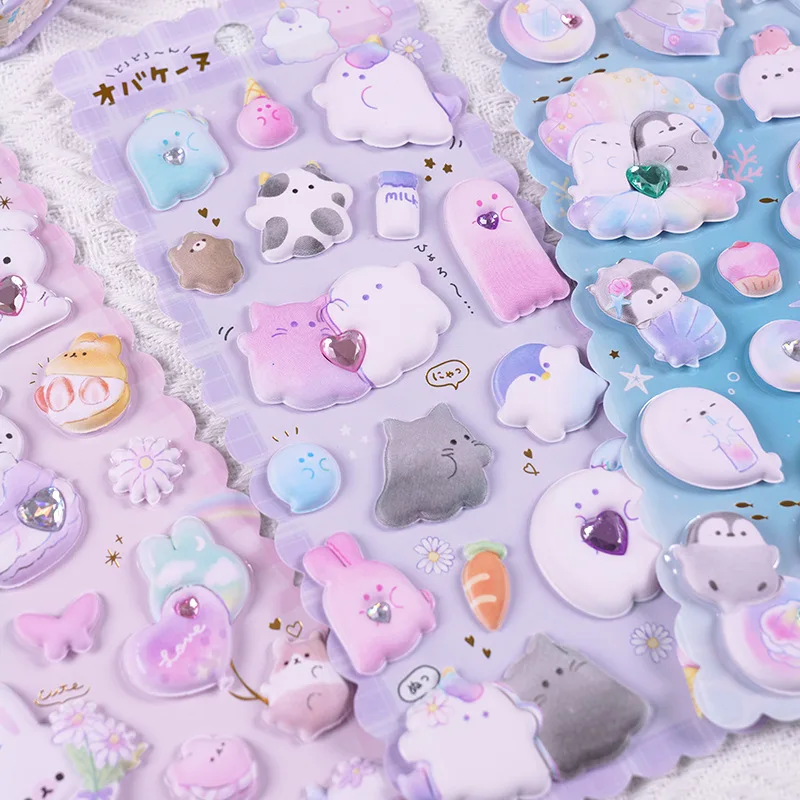 Kids 3D cartoon stickers Puffy foam decals soft thickened puffy sticker with Rhinestones gem Dogs Penguin Fly horse design