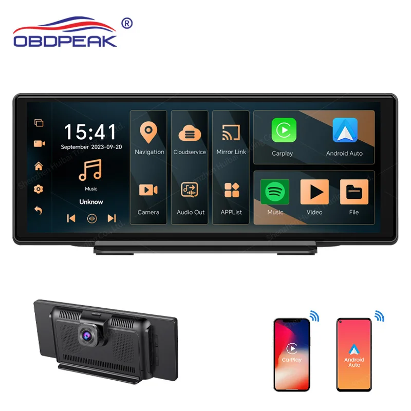 OBDPEAK K50 10.26' Dashboard 4G+64G Android 13 AI Screen Dash Cam GPS Navigation Carplay Android AUTO Dual Lens Video Recorder