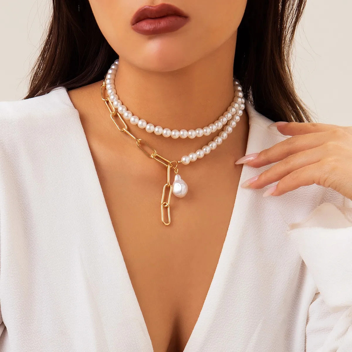 2024 Simple geometric round bead collarbone chain design choker collar open  pearl necklaces and earrings  set custom acceptable