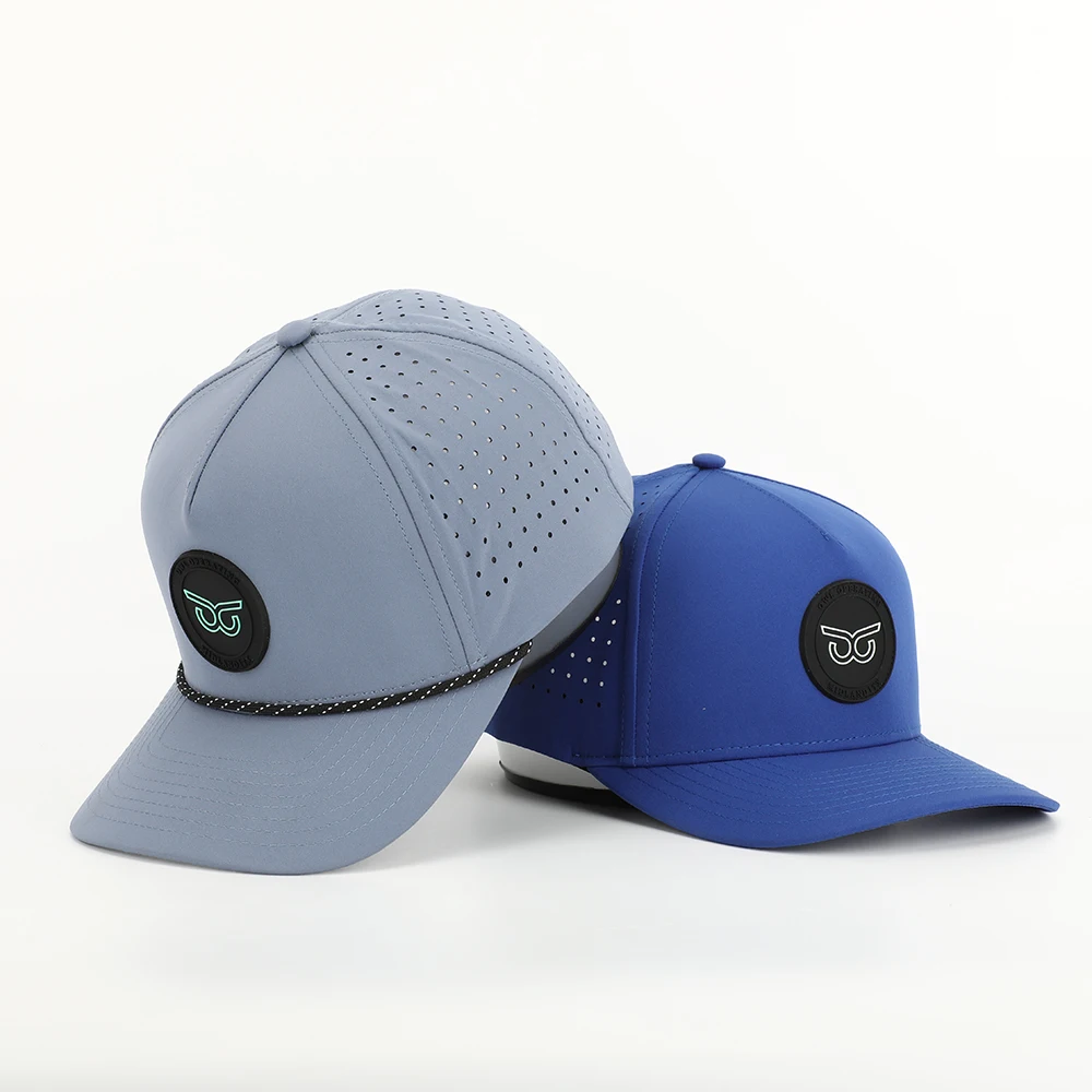 New Fashion Custom PVC Patch Logo 5 Panel Waterproof Polyester Sport Golf Hat,Laser Cut Perforated Dad Gorras,Rope Baseball Cap