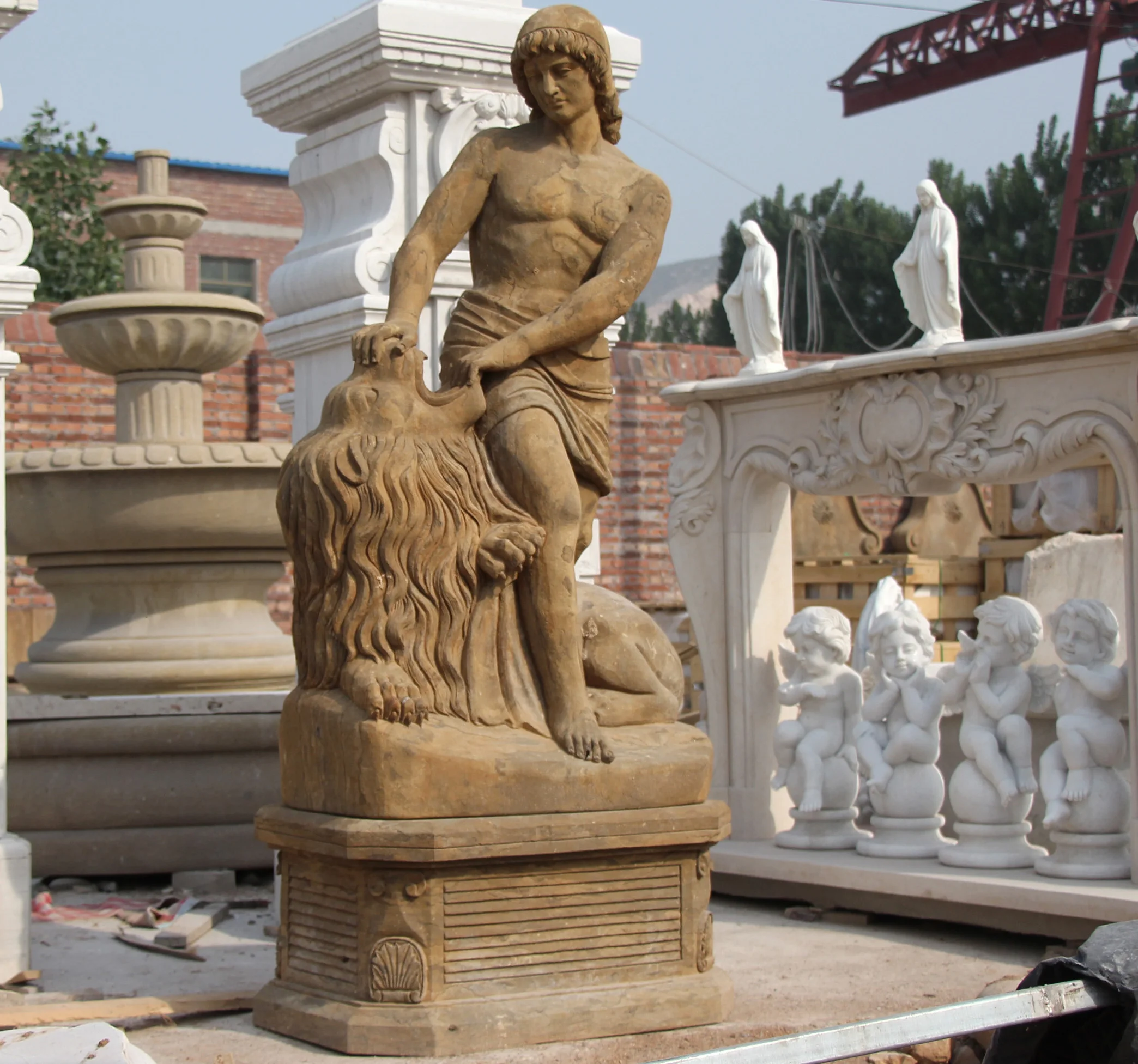 Large Sculpture High Quality Garden Decoration Marble Man And Lion Sculpture Statue