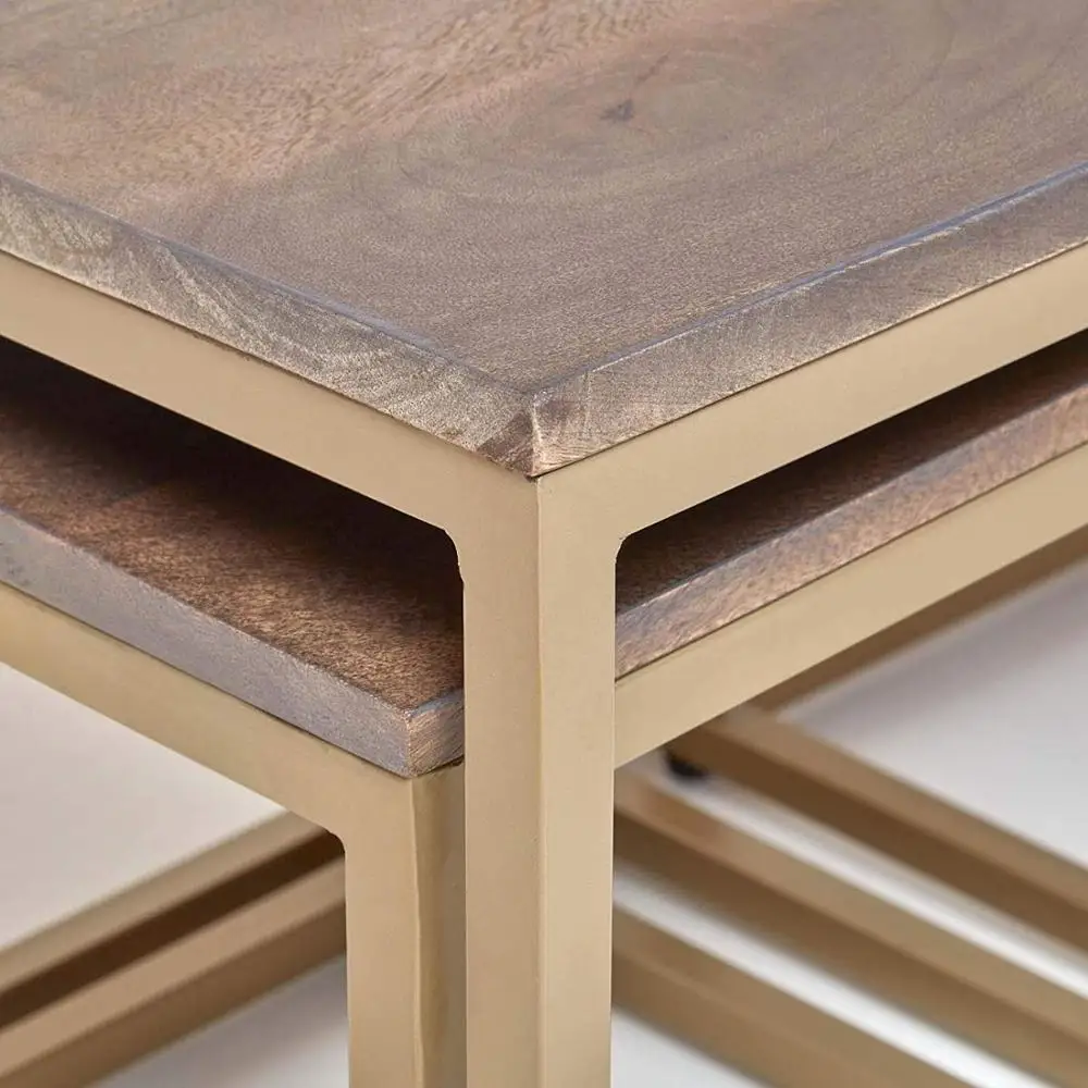 Coffee Table with 2 Nesting Tables 90 cm Wide Grey Finish Mango Wood and Metal Urban Nesting Tables Multi-Functional Modern