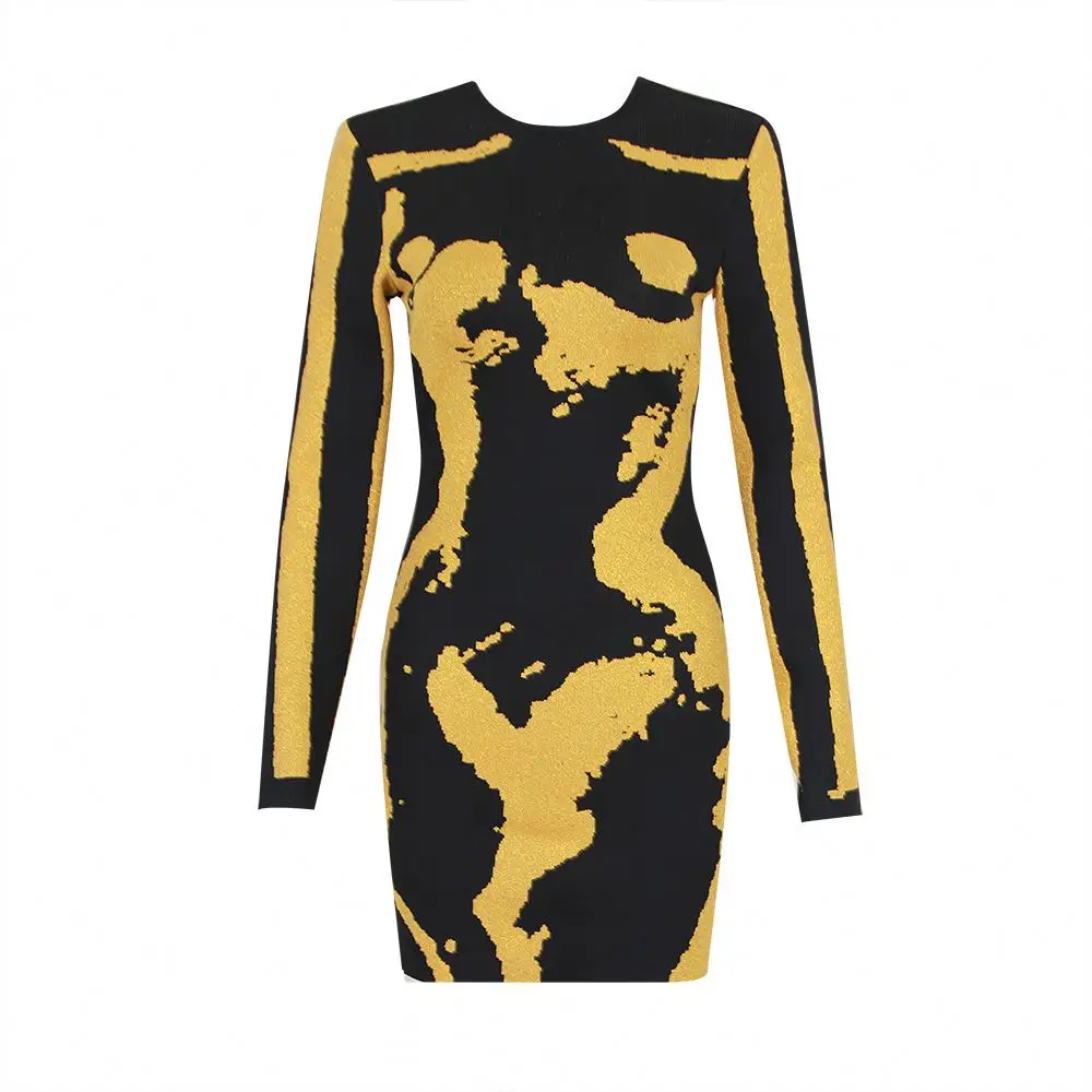 2024 Spring And Summer New Bronzing Fashion Elegant Stitching Bandage One-Piece Dress Long Sleeve Short Dress For Women