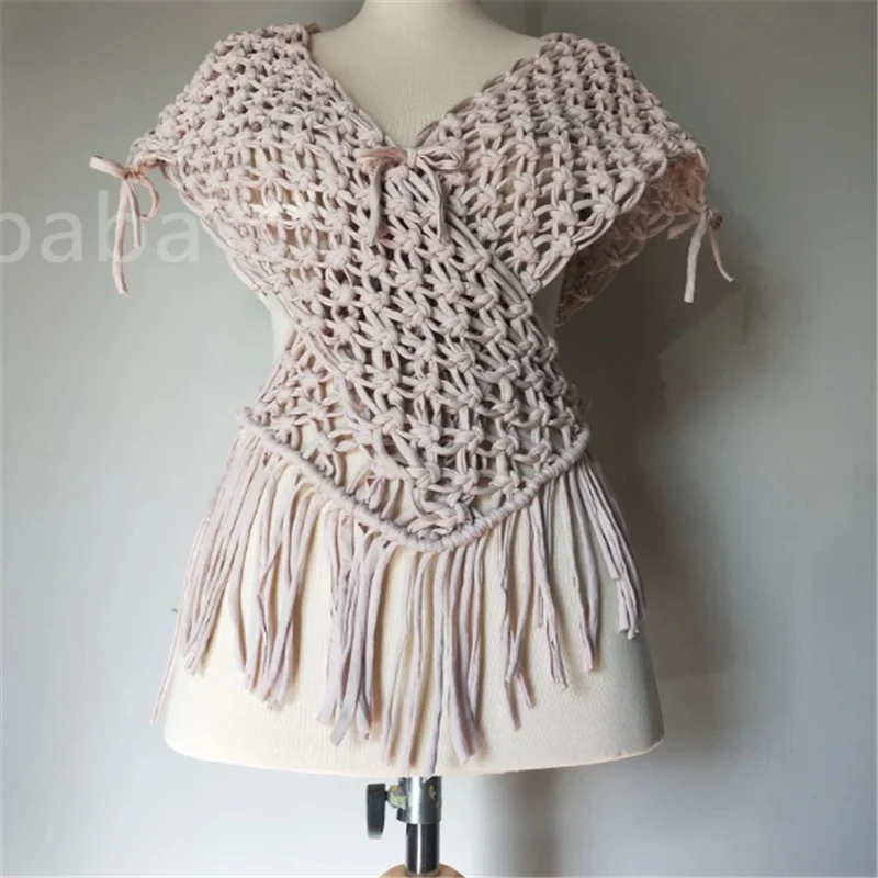 Custom Boho Style macrame Vest handmade clothes cotton crochet shawl scarf with tassels