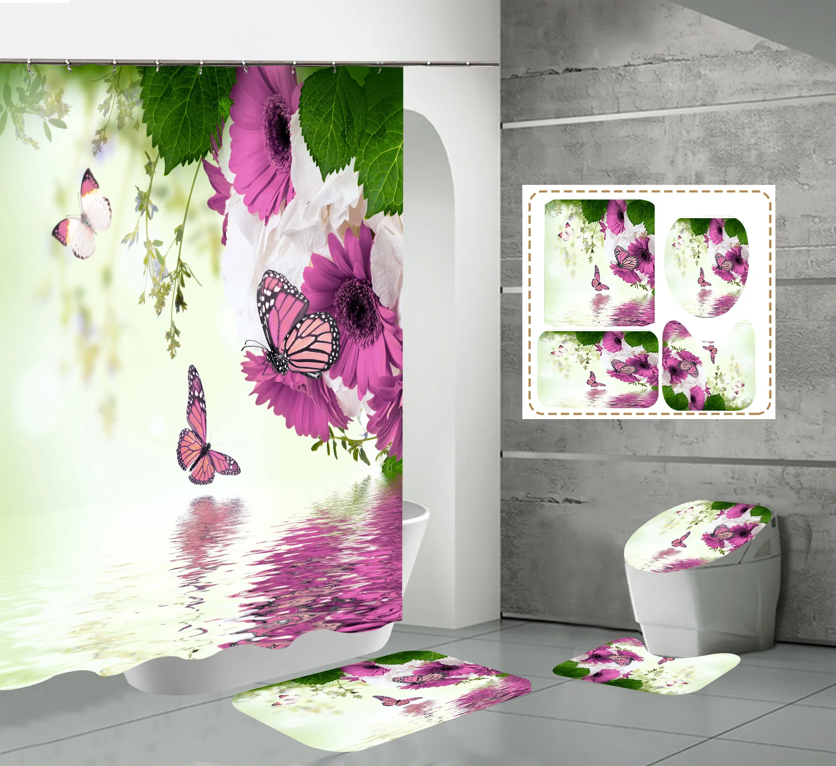 Butterfly Shower Curtains with Hooks Floral Watercolor Flowers Fabric Curtains for Bathroom Decor Shower Curtain