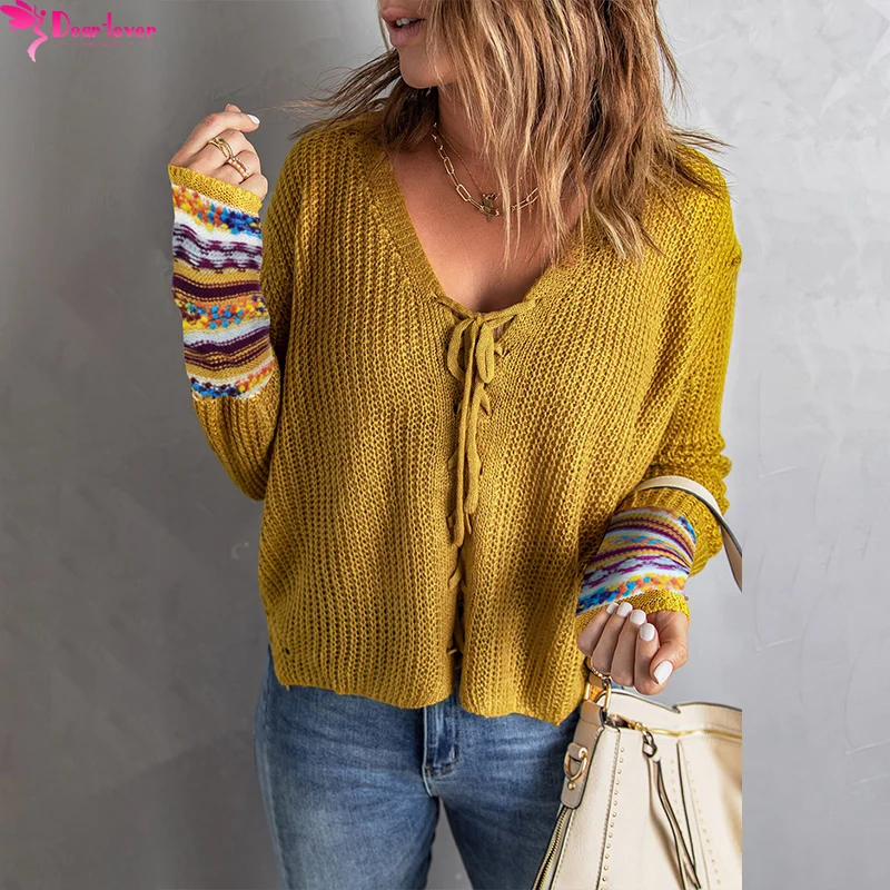 Скидка 2022, Новое поступление, Женский вязаный свитер на завязках с V-образным вырезом
