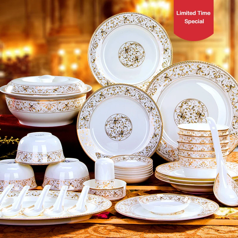 56pcs Bone China tableware set bowl plate set household ceramic tableware daily ceramic dinnerware set