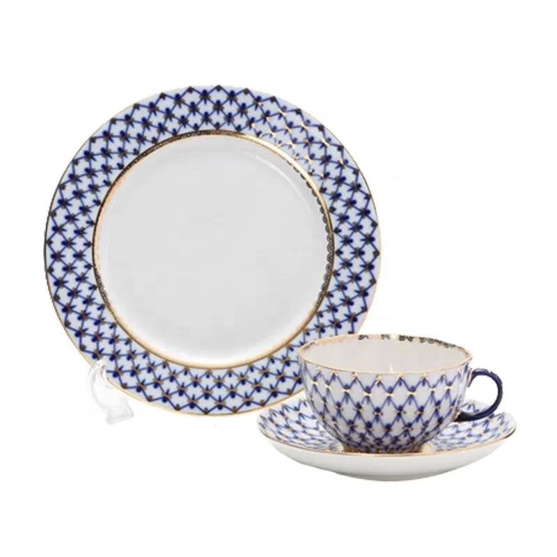 Китайский Королевский фарфоровый чайный сервиз Lomonosov, керамическая кофейная чашка и блюдца, кобальтовая синяя сетка