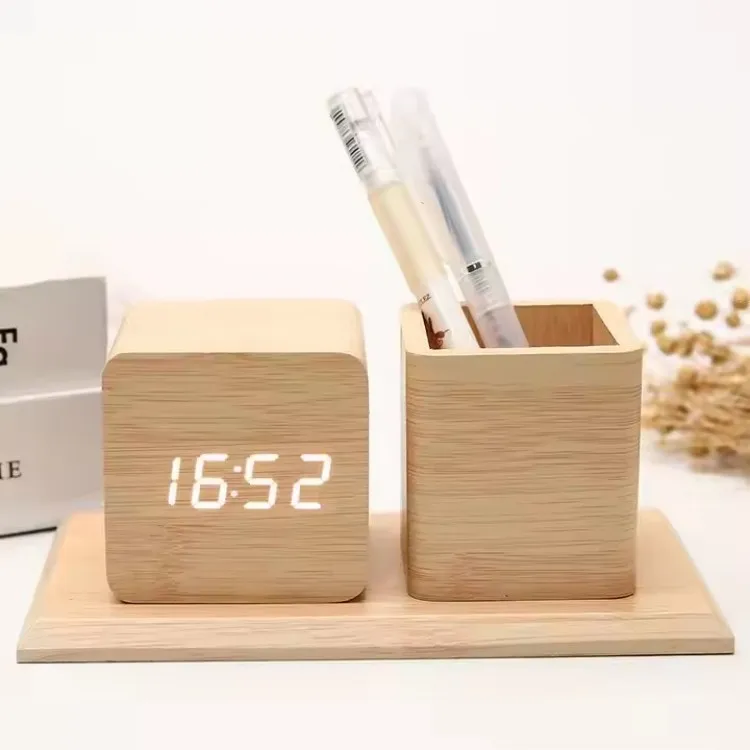 Wooden pen holder alarm clock desktop home living room voice control Stylish led wood penstudent digital mute clock