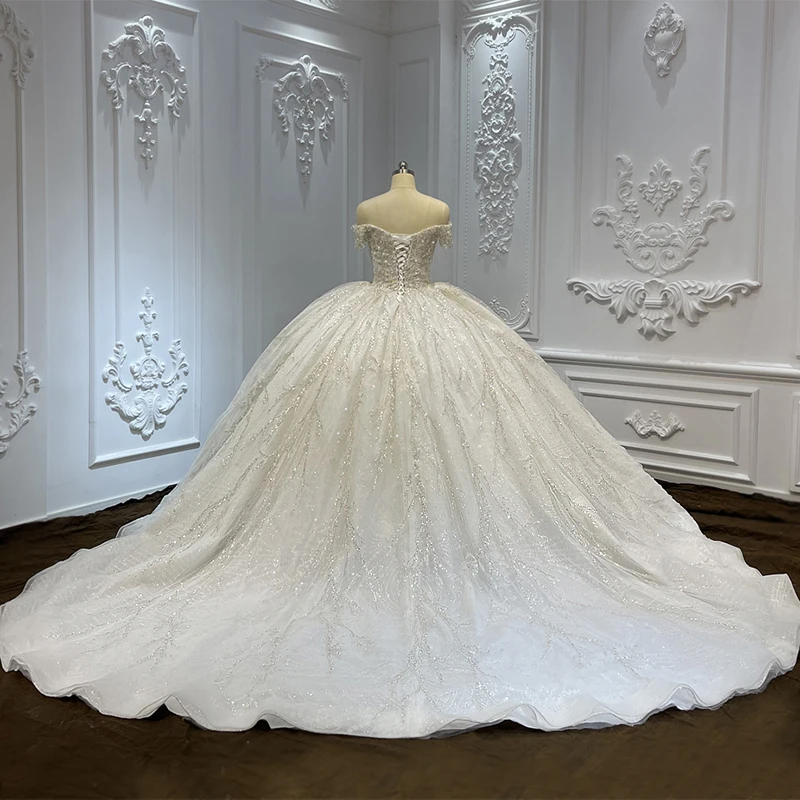 Luxury Pearls Sparkling  Princess Ball Gown Sweetheart Neckline Off-The-Shoulder Beaded Wedding Dress Lscj06