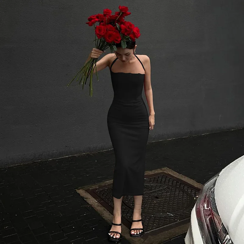 Elegant Chic Red Evening Party Wedding Long Dress Sexy Slim Waist-tied Half Open Collar Wrapped Hip Black Backless Strap Dress